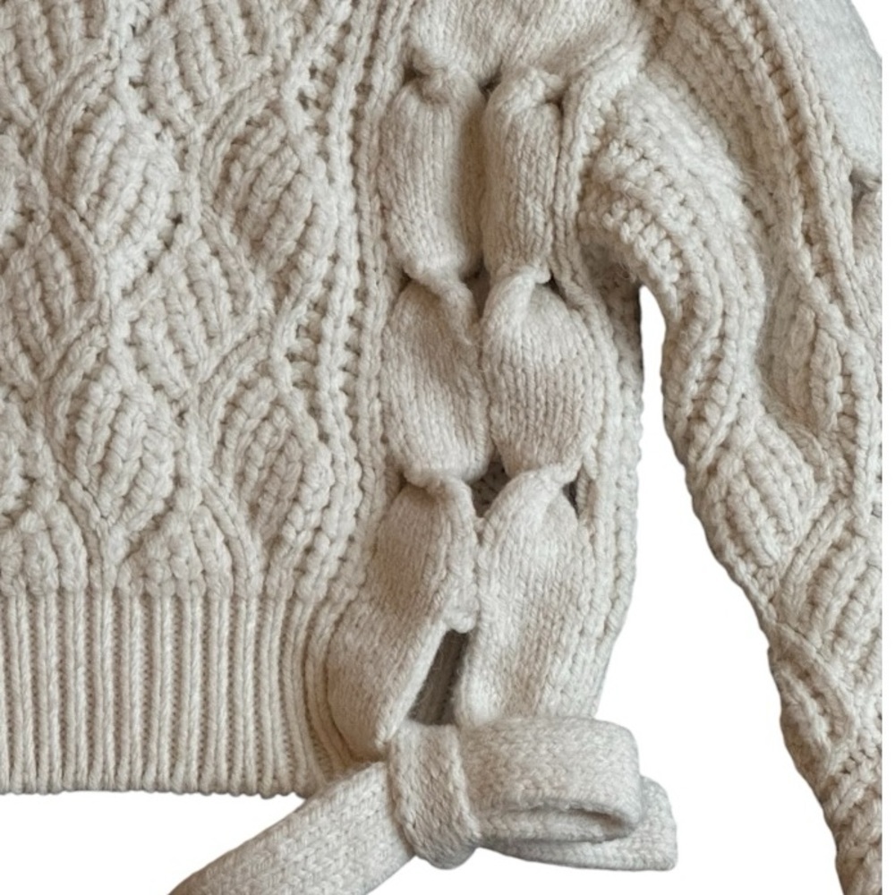 ZARA Cable Knit Tie Sweater Chunky‎ Preppy Cream Ivory Size M Casual Bow Soft - Picture 8 of 13